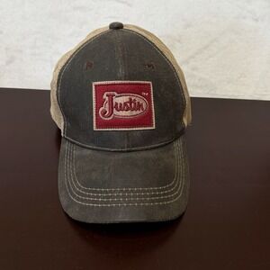 Justin Boots Trucker Hat Distressed Dark Oilskin Panel Cap Snapback Rodeo